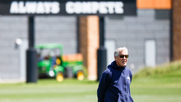 NFL: Seattle Seahawks OTA May 23, 2022; Renton, WA, USA; Seattle Seahawks head coach Pete Carroll watches an OTA workout at the Virginia Mason Athletic Center.